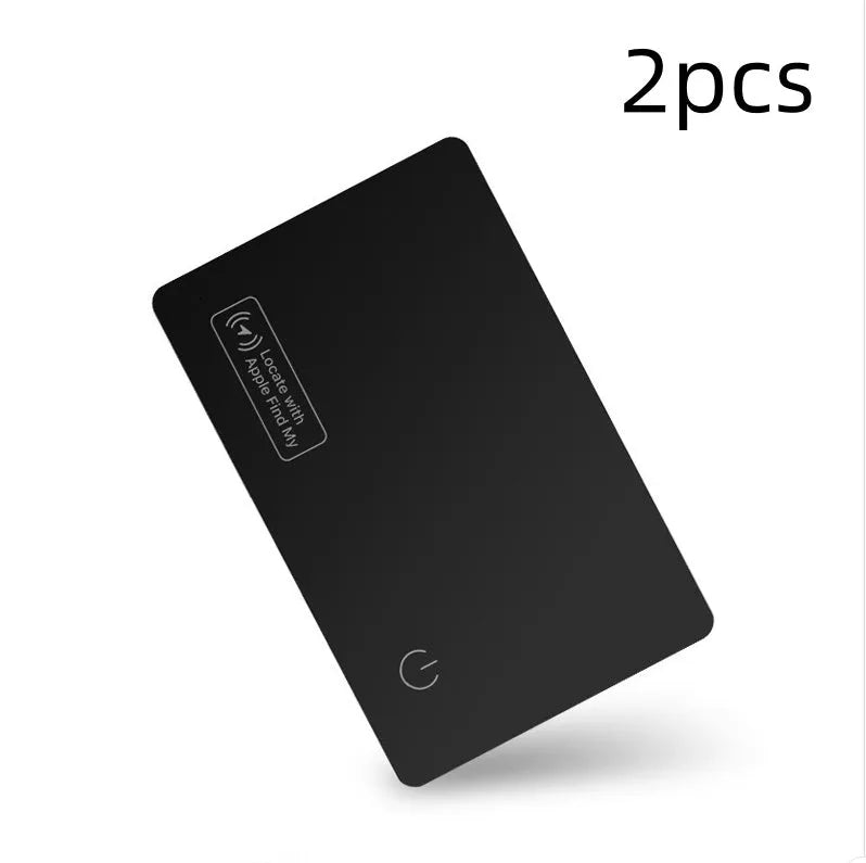 Black ultra-thin anti-loss alarm card for Apple devices next to a credit card for size comparison.