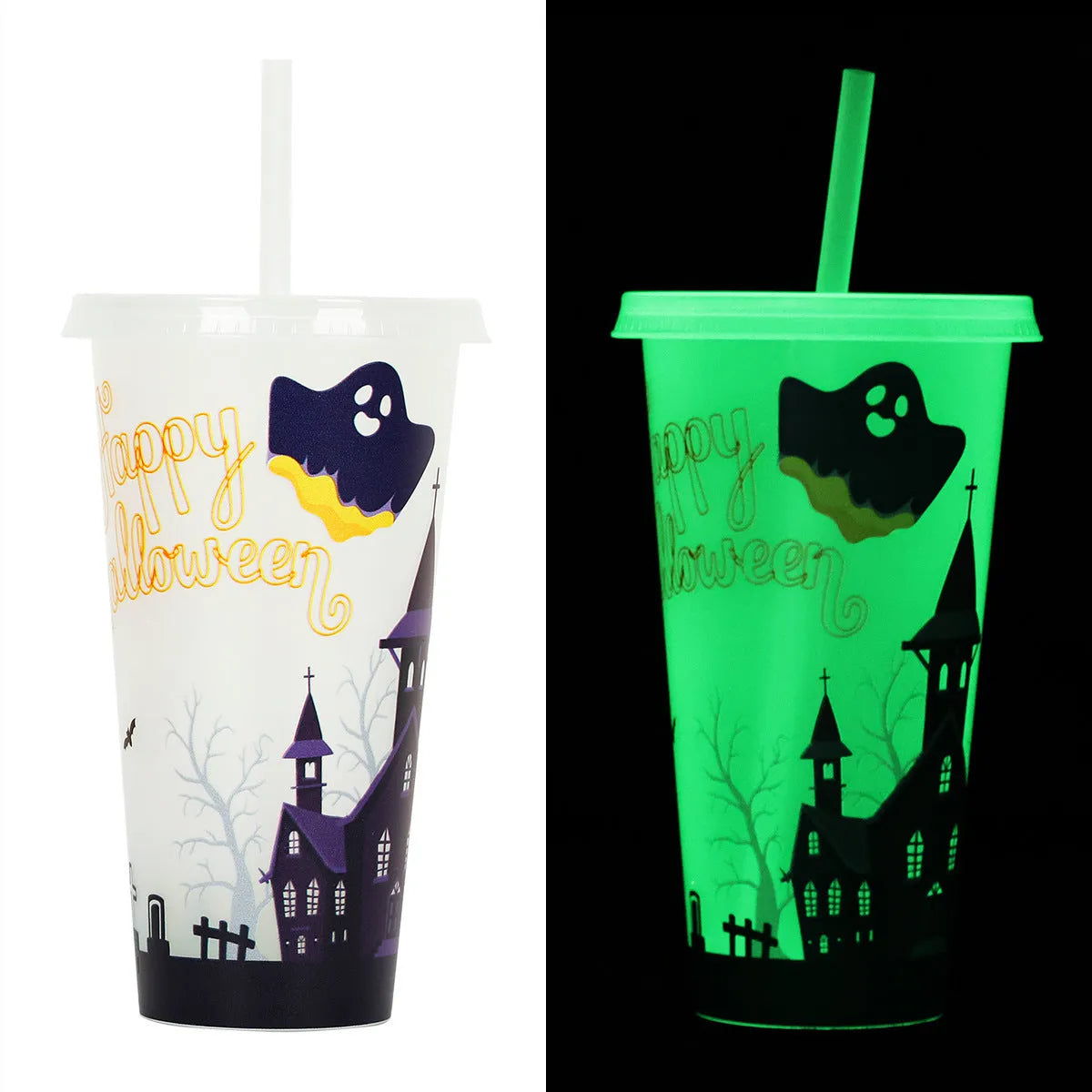 720ml plastic Halloween luminous straw cup in one of six colours, showing cylindrical shape and dimensions.