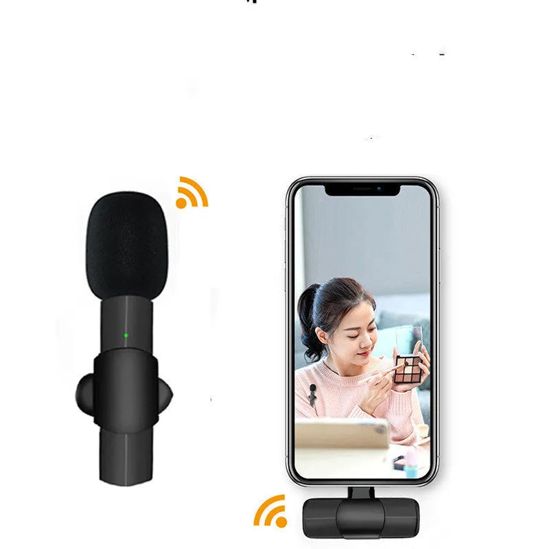 Close-up of a black wireless lavalier microphone with a clip, showing the TYPEC and Apple interface options on a mobile phone.