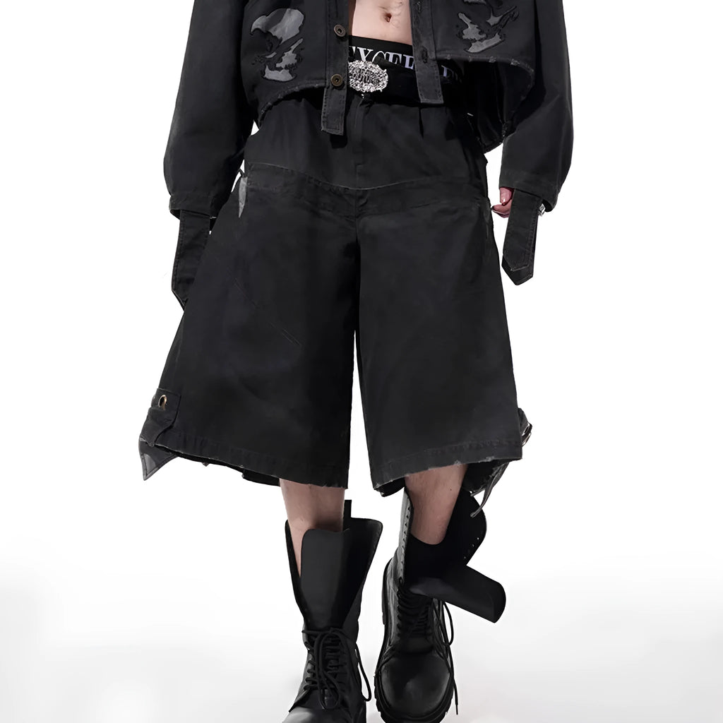 Men's black double waist cropped pants with washed stitching details and mid-high waist
