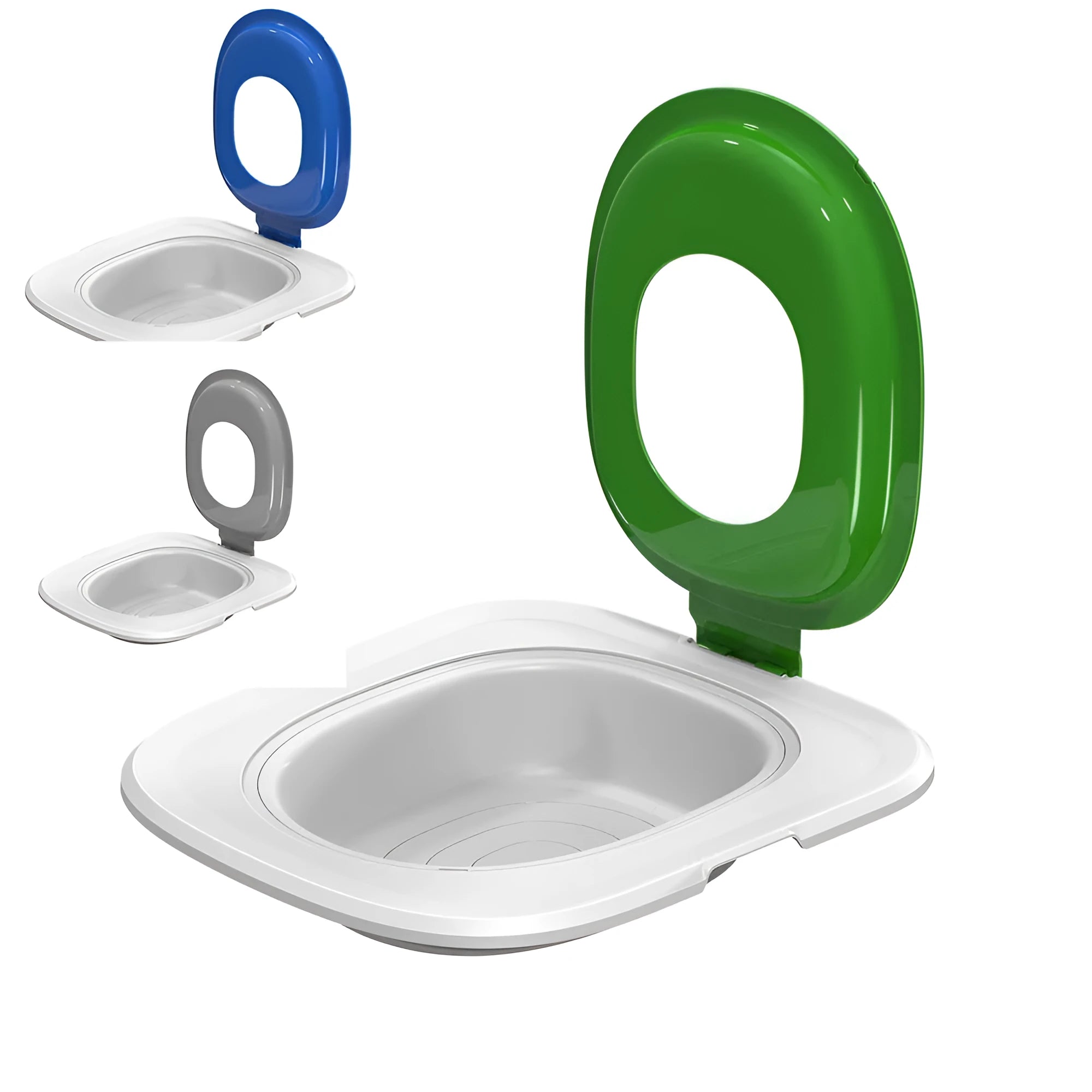 Fifth generation cat toilet trainer with removable tray in blue, grey and green colour options