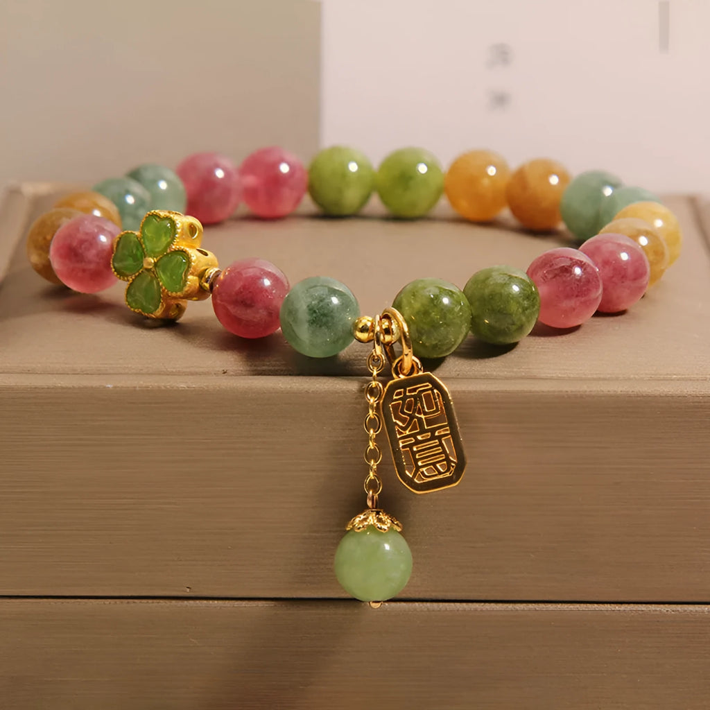 Natural tourmaline ruyi pendant bracelet for women with alloy inlay and rhinestone accents on wrist