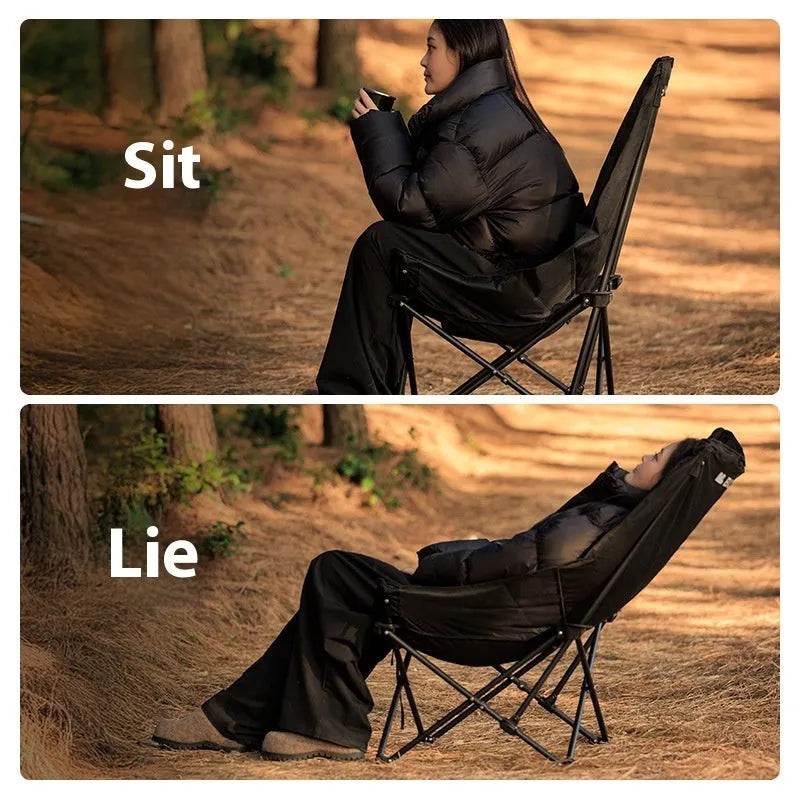 Night black folding moon chair with Oxford cloth seat and steel frame folded for portable transport
