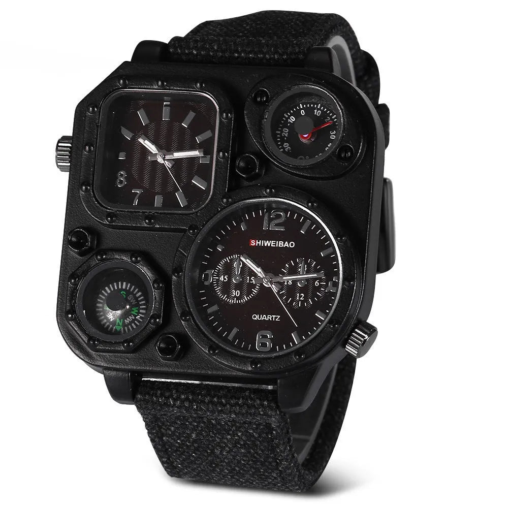 Men's sports watch with multi-time zone dial, green face, canvas strap, 5cm dial diameter, 12mm thickness