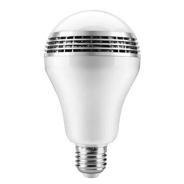 Smart Bluetooth speaker LED light bulb with E27 base, showing multi-coloured RGB lighting.