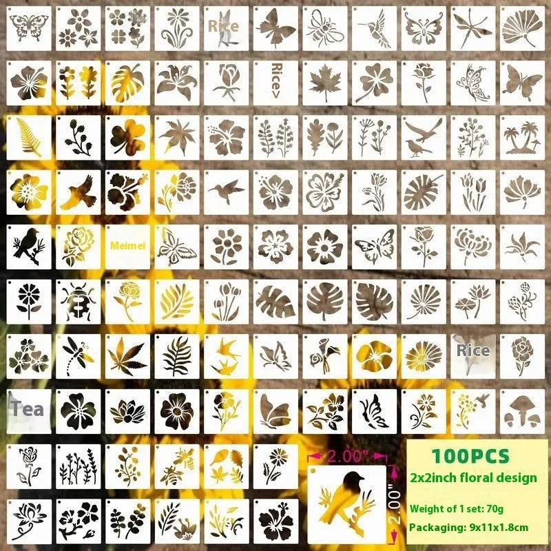 700 piece hollow spray painting stencil set showing animals, ocean, Hawaii, letter, and floral designs on milky white PET film