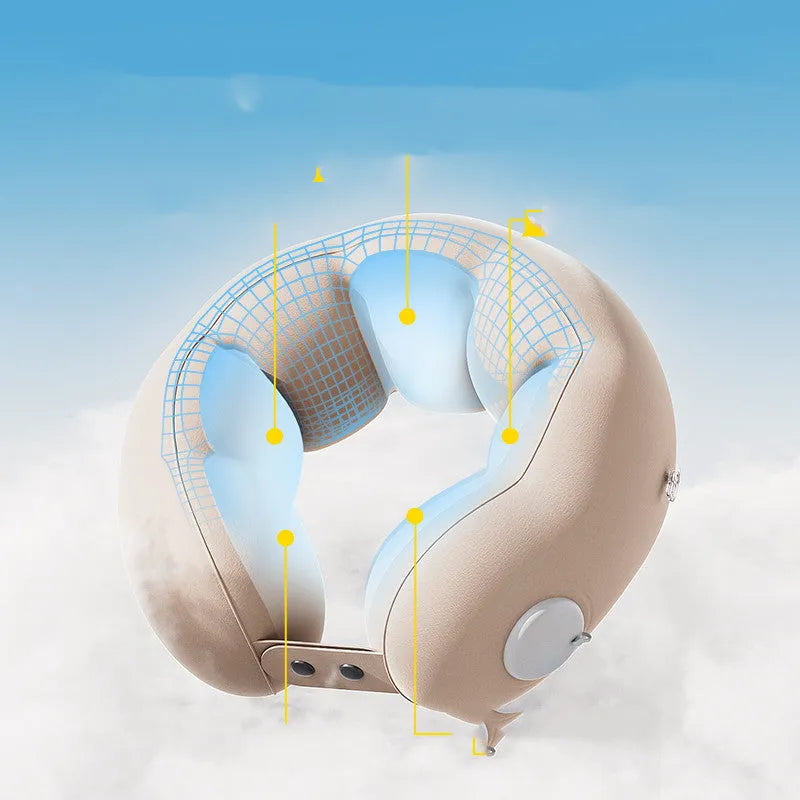 Inflatable U-shaped cartoon travel neck pillow in Cloud Bubble colour, shown deflated and portable.
