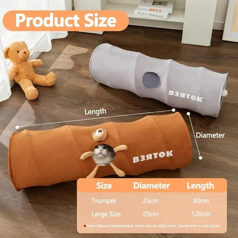 Collapsible cat tunnel with plush ball toy in brown or grey colour options