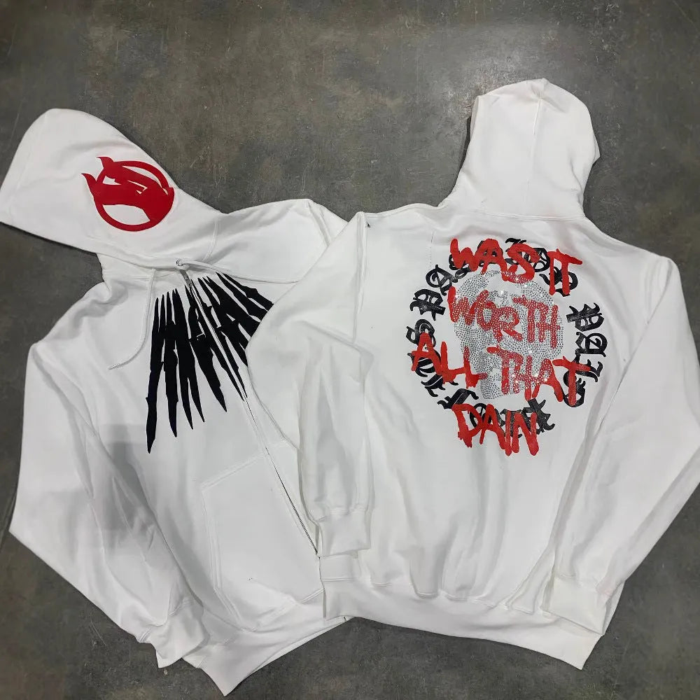 Black loose hooded sweatshirt with white skull and letter print, detailed with hot rhinestones.