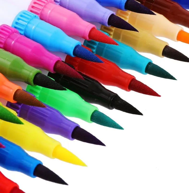 Set of watercolour pens in a case showing multiple vibrant colours for artistic use.