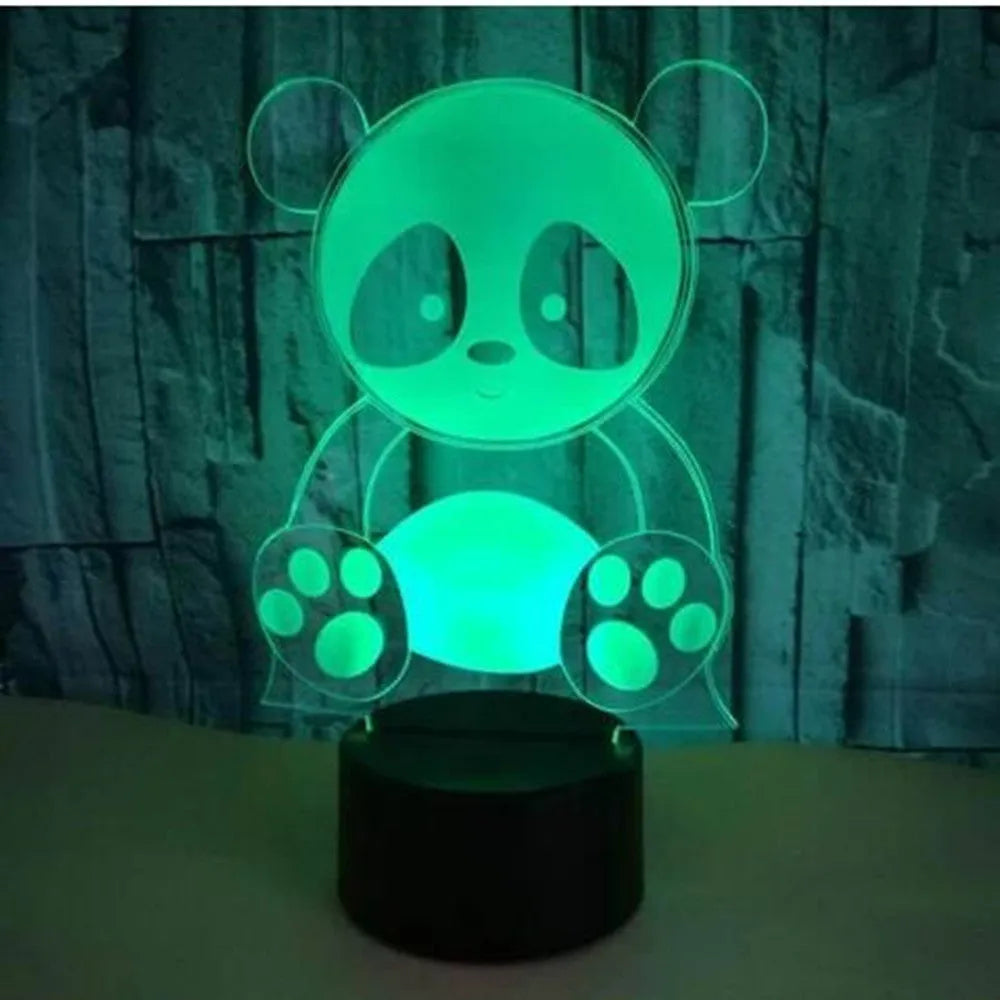 Panda night light with acrylic panel and ABS base showing multi-colour LED illumination.