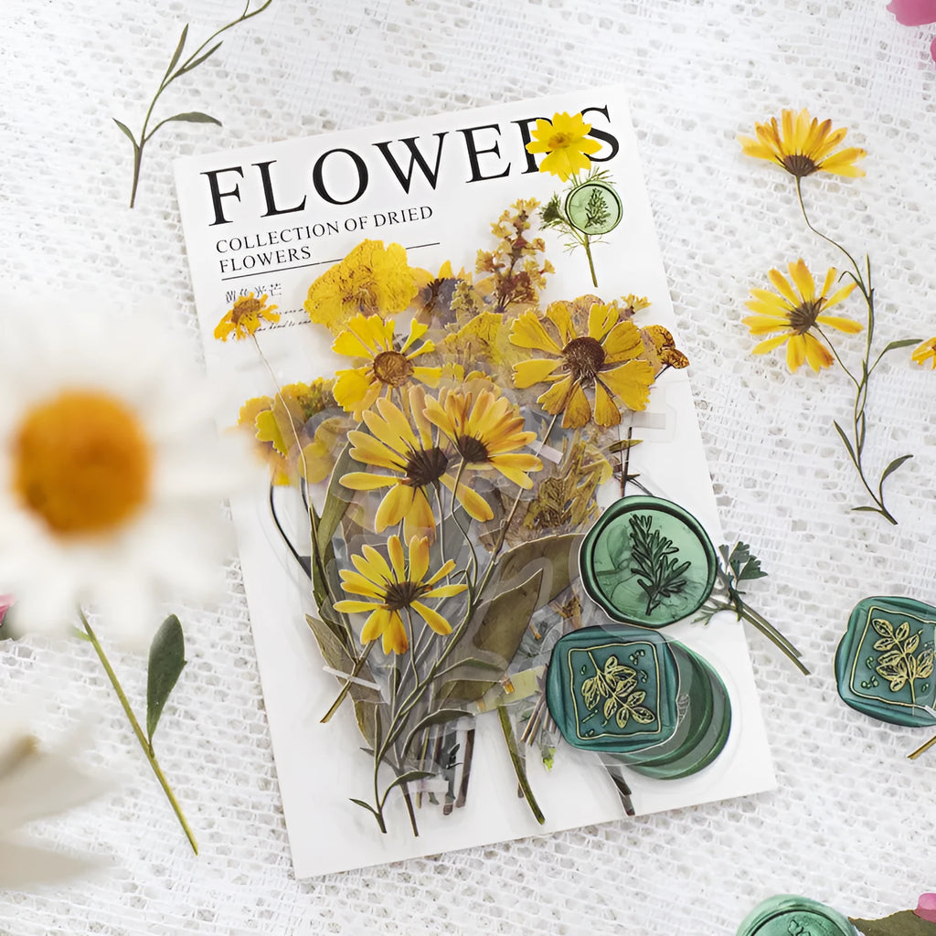 Set of 40 printed PET decorative stickers showing eight artistic styles including dried flowers and leaf specimens.