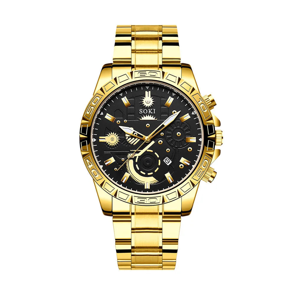 Gold men's stainless steel business watch with calendar on wrist