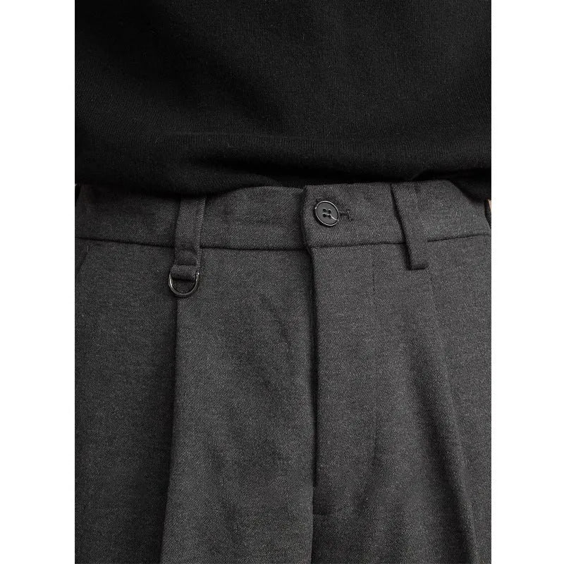Men's straight-leg trousers in polyester with draped detail, shown in black, dark grey, khaki or brown.