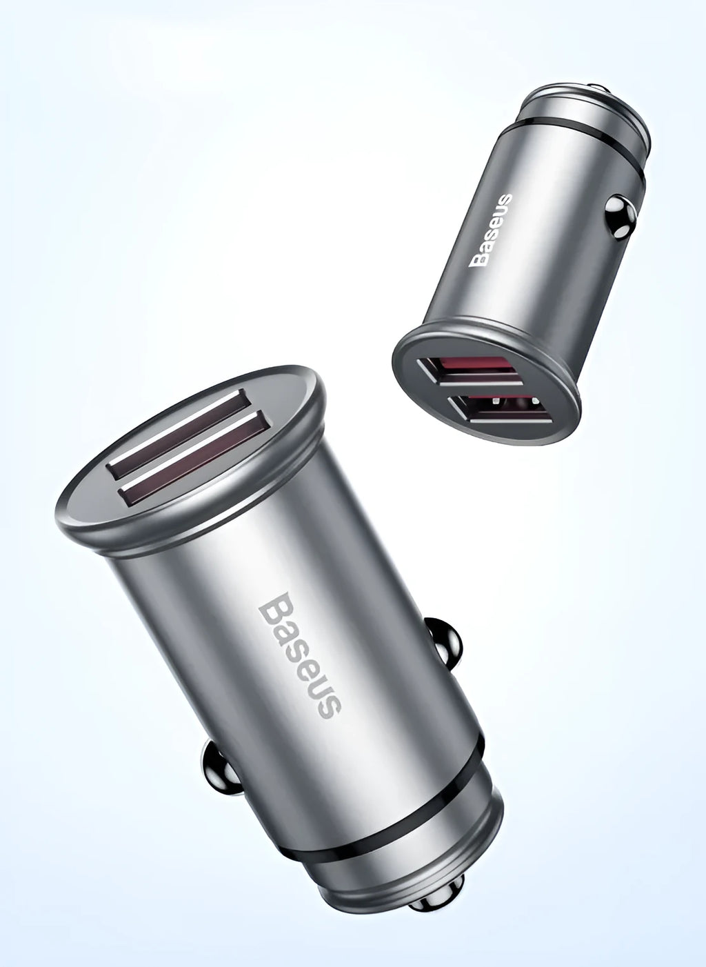 Black aluminium alloy USB car charger showing 4.8A output, next to Red and Silver versions.