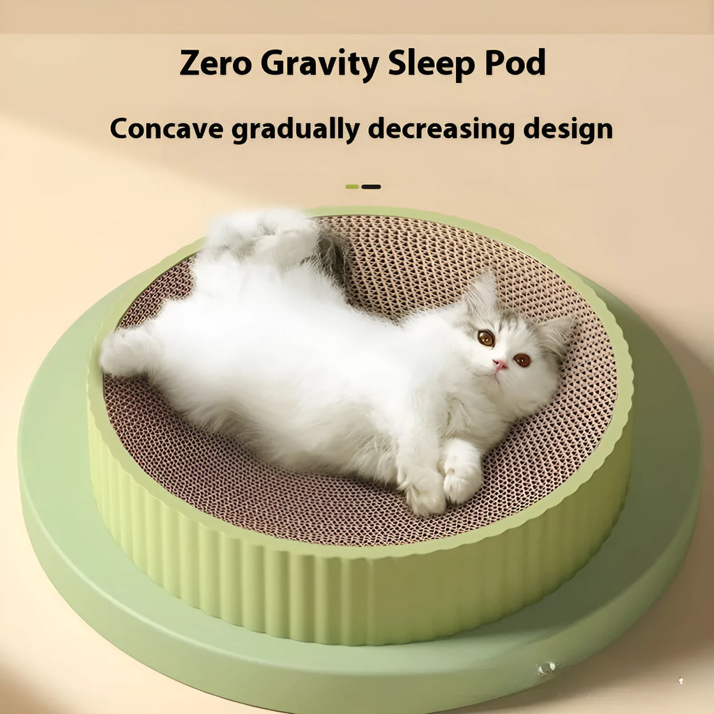 Round green and white corrugated paper cat scratching board with a 55 cm diameter.