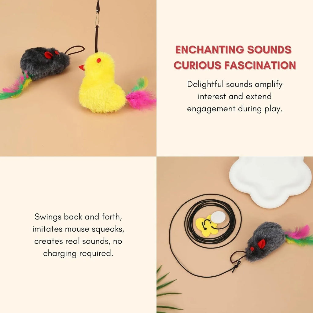 Interactive cat toy hanging from door frame with treat bulb and dangling mouse