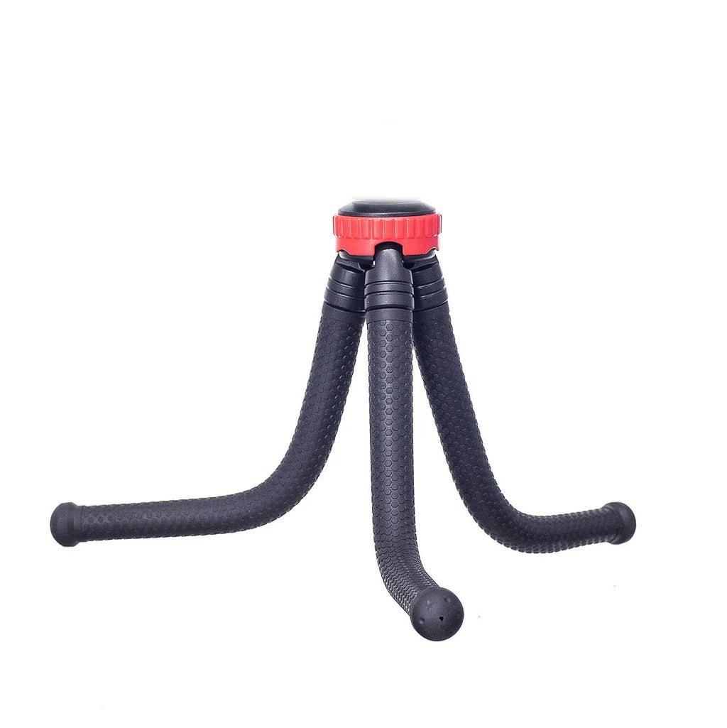 Black octopus tripod with flexible legs and spherical gimbal ball head for cameras and smartphones