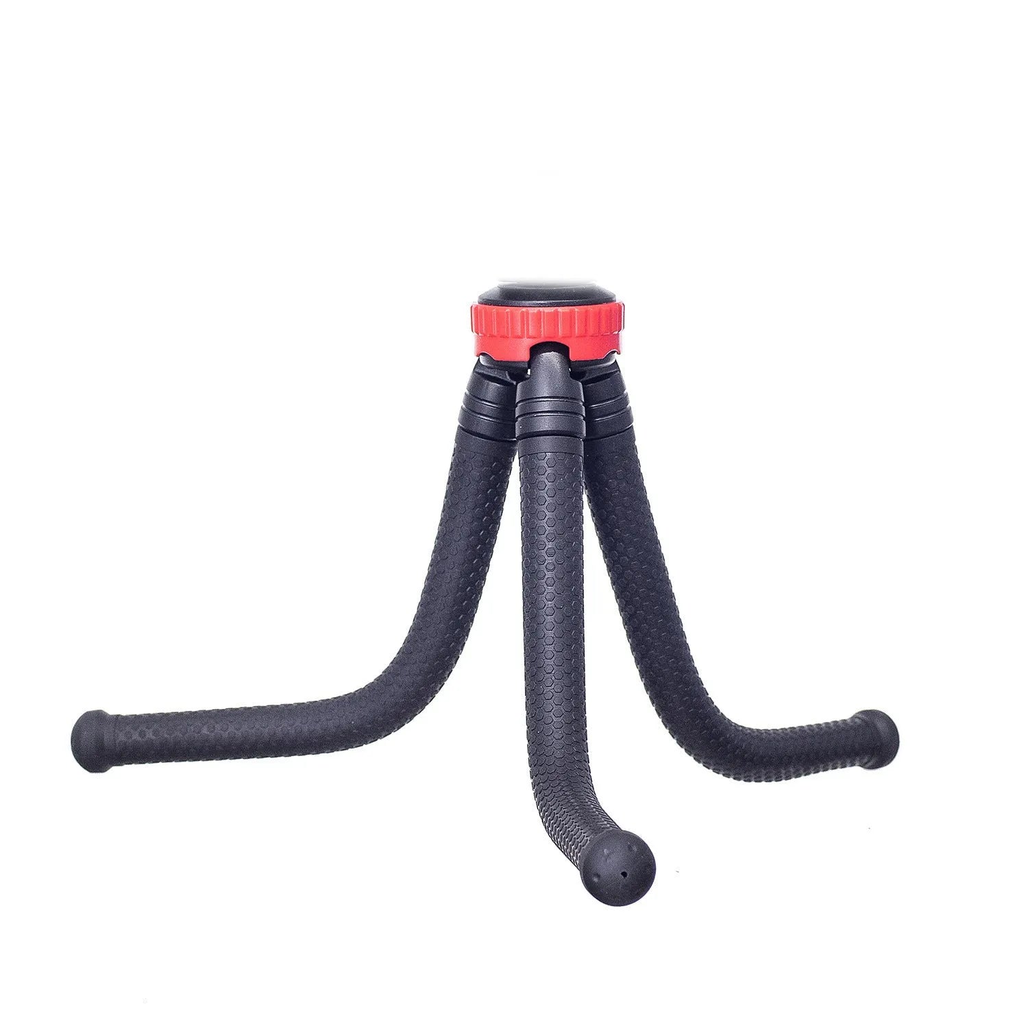 Black octopus tripod with flexible legs and spherical gimbal ball head for cameras and smartphones