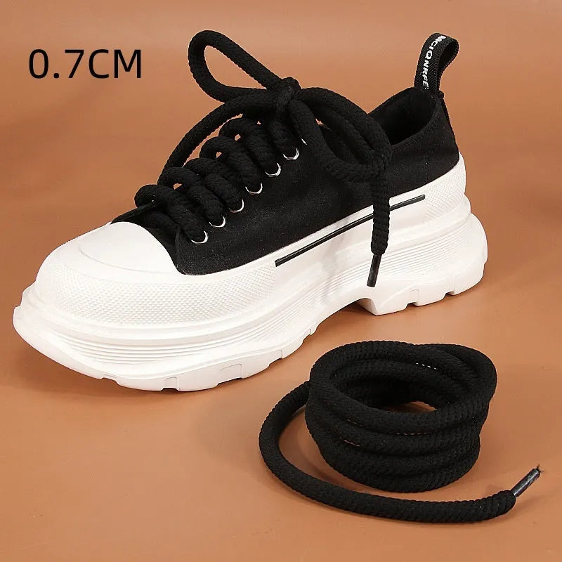 Round woven shoelaces in white, beige, and black colours showing thickness options