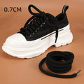 Round woven shoelaces in white, beige, and black colours showing thickness options