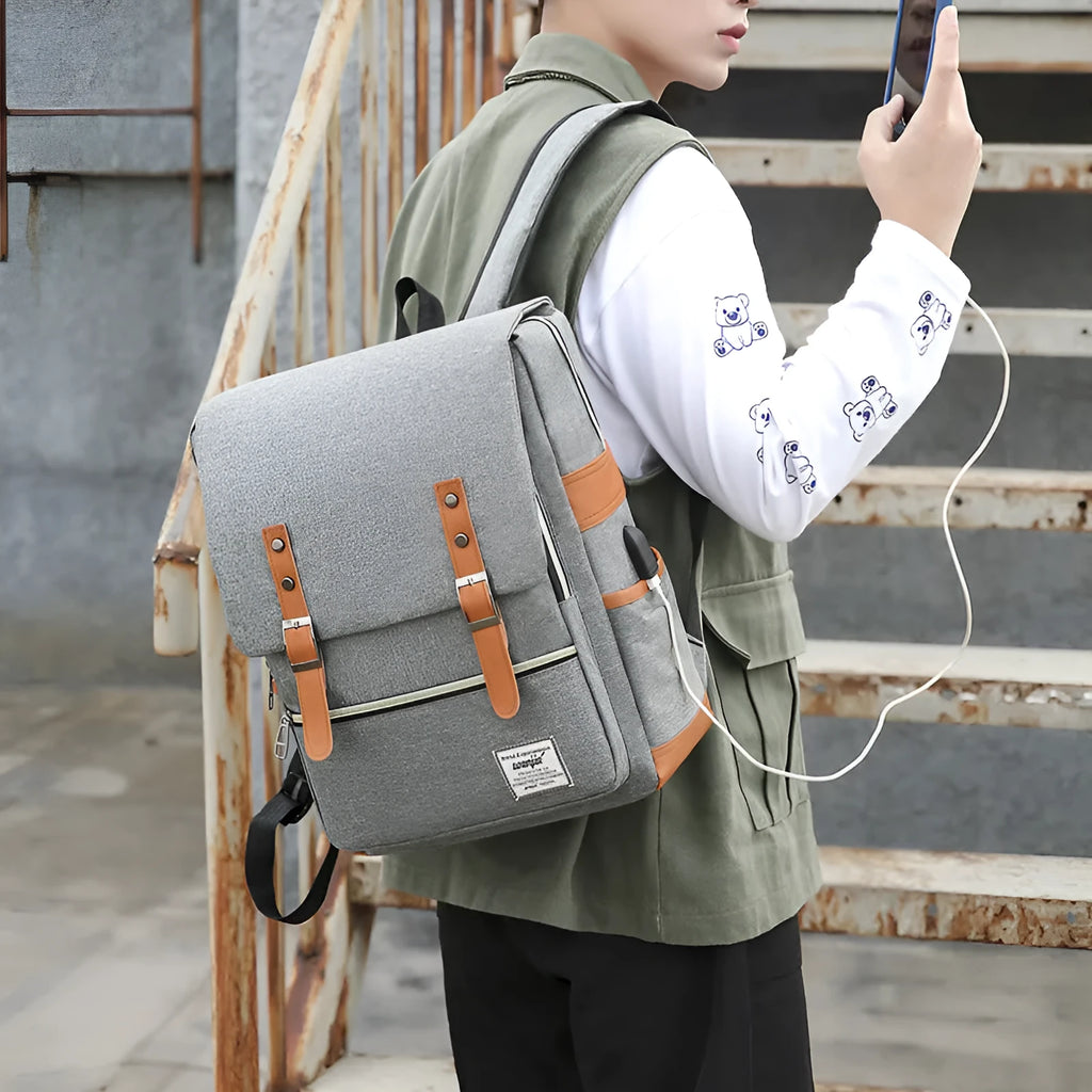 Three-piece compartment backpack in Oxford cloth, shown in black, blue, grey, or wine red.