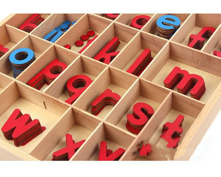 Montessori active letter box set with beech wood letter box and carpet on a table