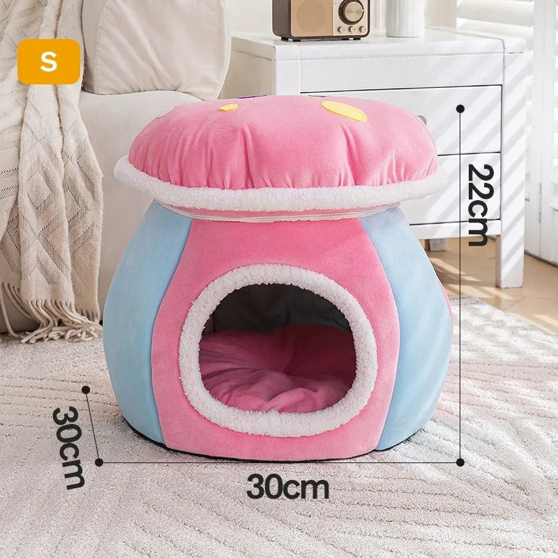 Grey mushroom-shaped plush cat bed with a detachable blanket inside, showing enclosed design.