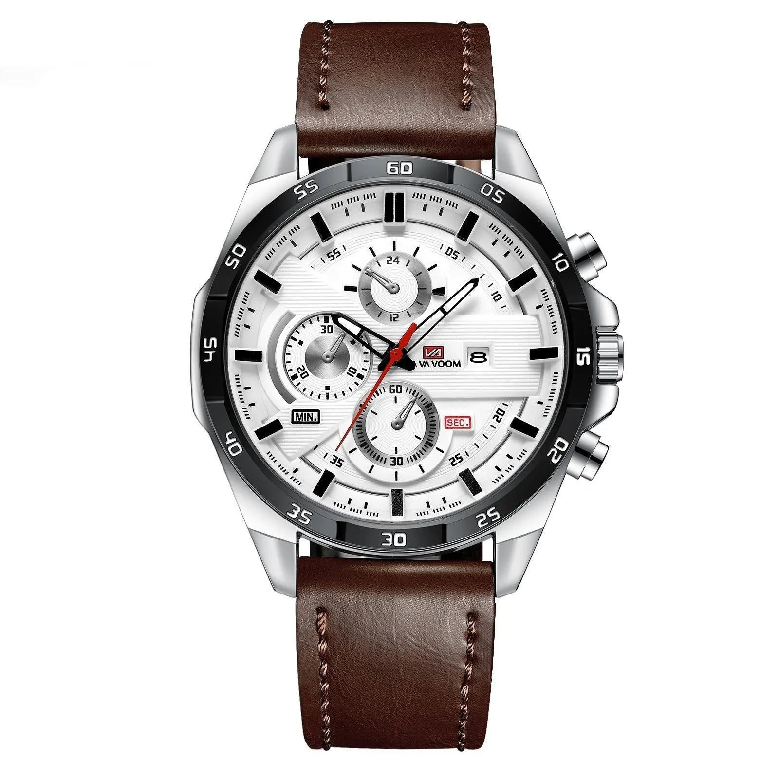Men's casual quartz watch with business calendar on dial, showing black leather strap and rose gold case option.