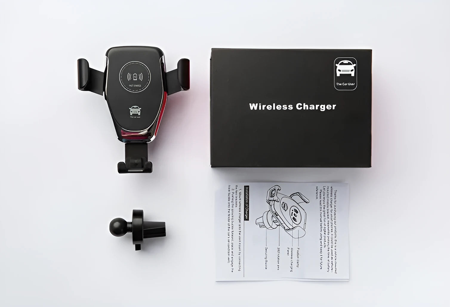 Car wireless charger mount with automatic clamp for Apple iPhones showing black and white colour options