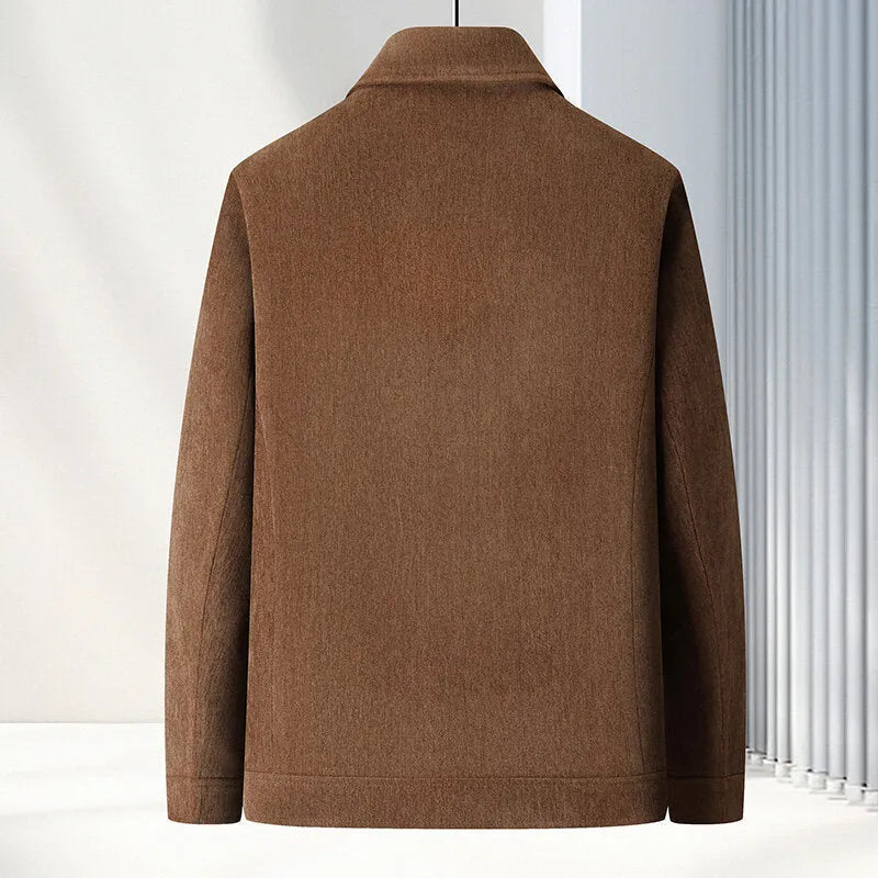 Men's black lapel collar casual slim-fit jacket coat on a hanger.