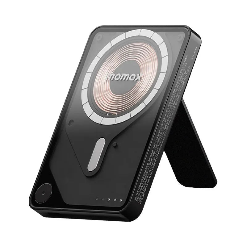 Magnetic power bank with transparent bracket and built-in cable in Mysterious Black, alloy shell