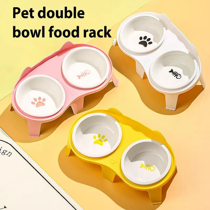 Blue ceramic cat food and water bowl set on a white elevated plastic stand with hook design.