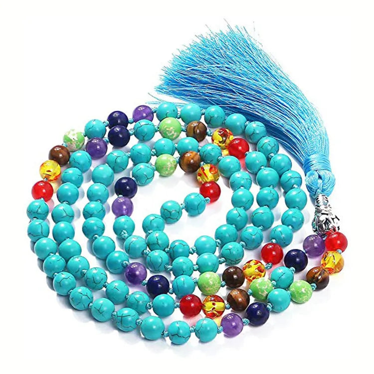 Geometric agate tassel necklace with multi-stone pattern showing Indian agate, turquoise, lapis lazuli, and amethyst beads