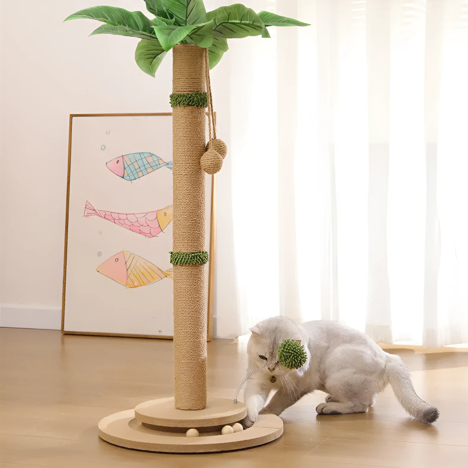 Tall vertical cat scratching post with natural hemp rope wound around a canna-coloured density board column.