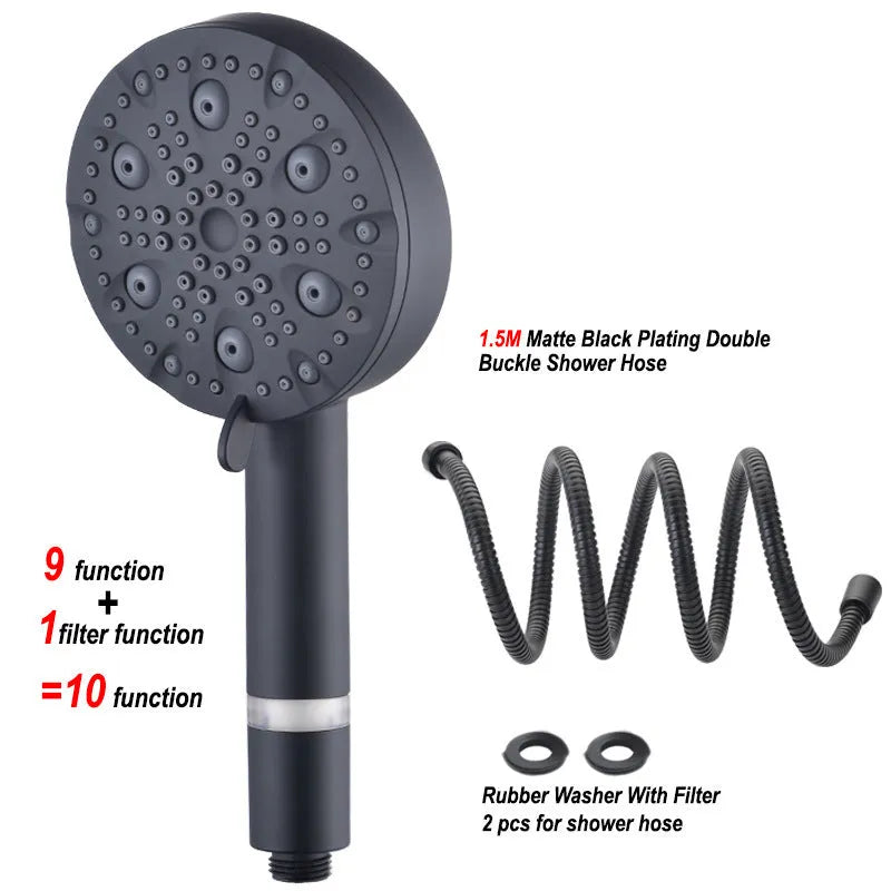 Dark matte hand-held shower head set with bracket and hose, five spray functions, ABS construction