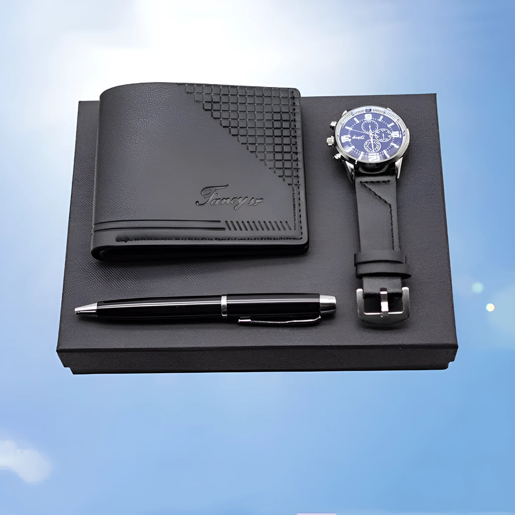 Creative holiday gift set showing a brown wallet, pen, and watch presented in an elegant paper gift box.