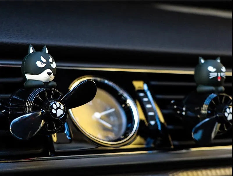 Black Husky car air vent aromatherapy ornament with clip, showing dimensions