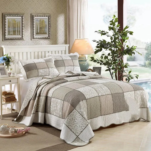 Pure cotton bedspread-style three-piece bedding set with quilted texture in various colour options
