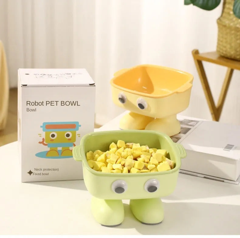 Elevated cat bowl with robot shape, 15° tilt angle, and anti-slip base for pet feeding