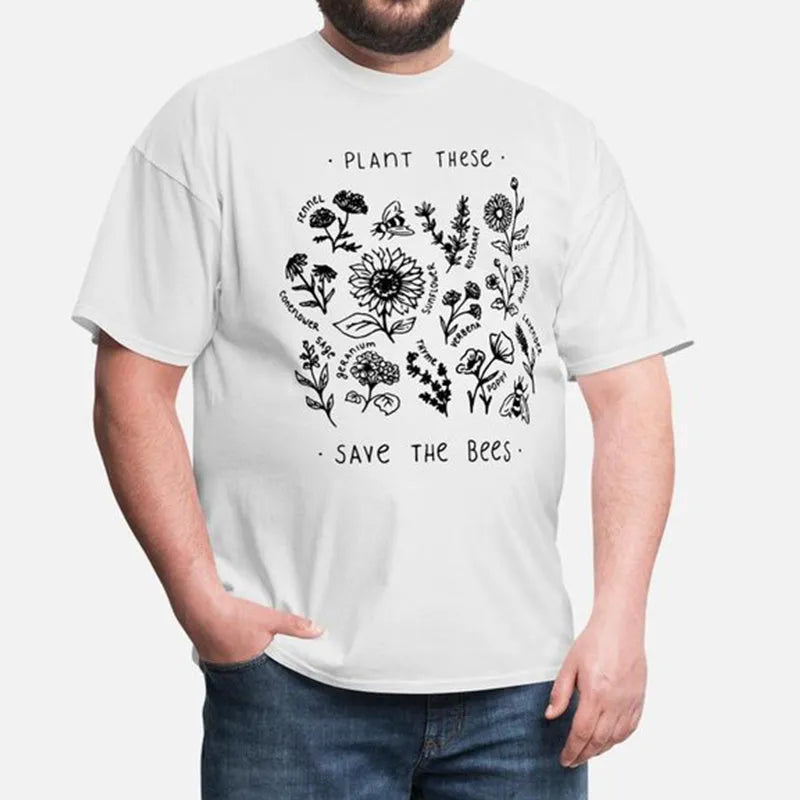 Women's casual Save The Bees t-shirt in white with cartoon print, short sleeves, 50% cotton