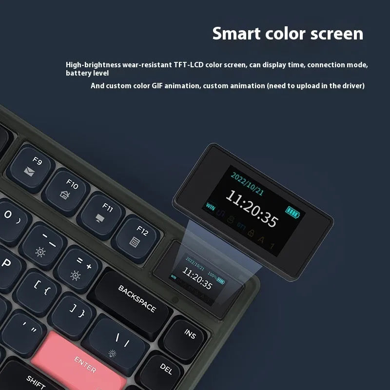Ajazz AK832PRO green mechanical keyboard with colour screen, compact 81-key layout, and RGB lighting.