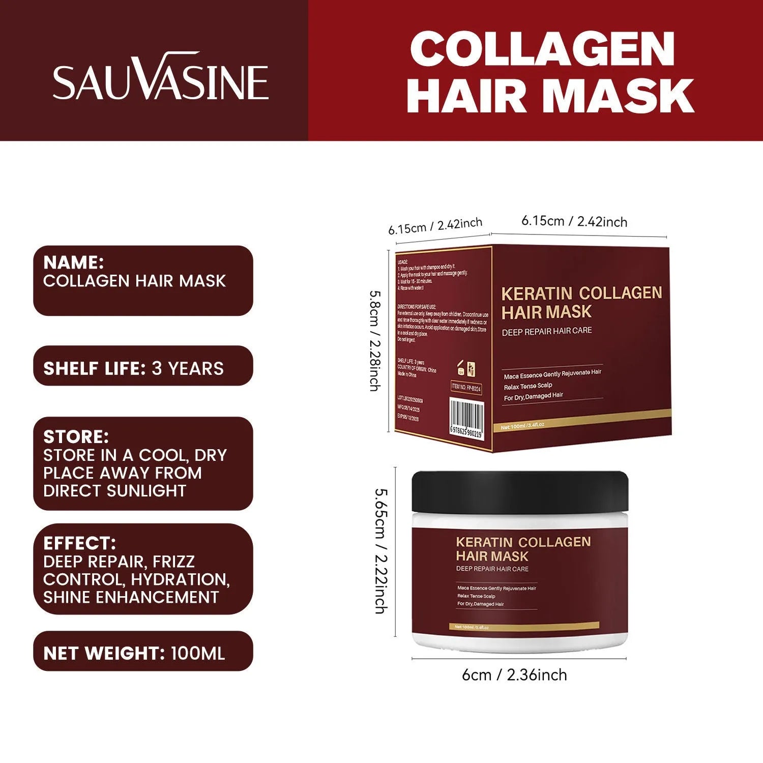 100ml collagen hair mask bottle for moisturising and repairing dry, damaged hair