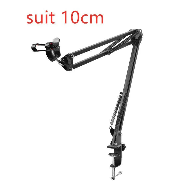 Adjustable black phone and tablet stand with 10cm base on a wooden desk