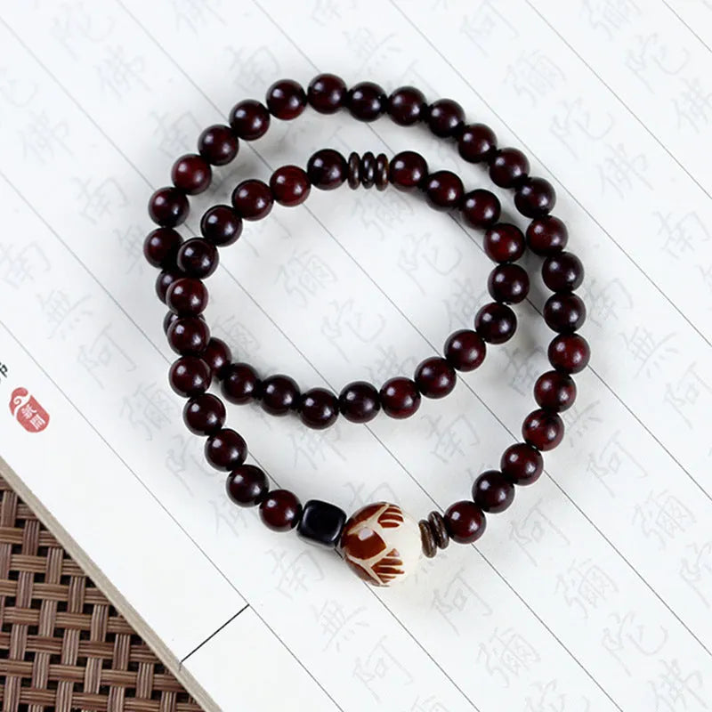 Natural rosewood bracelet with double rings and single circle design, 10mm floral carved bead