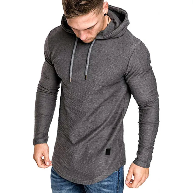 Men's slim fit hoodie in black, cotton blend, long sleeve pullover with hood, casual gym top.