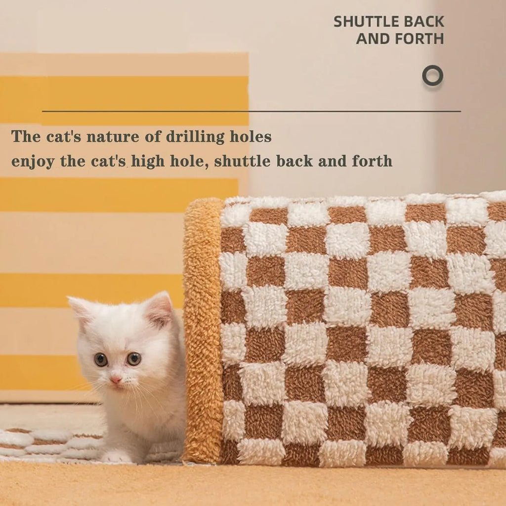 Brown plush plaid cat tunnel bed with central mat showing collapsible tube design