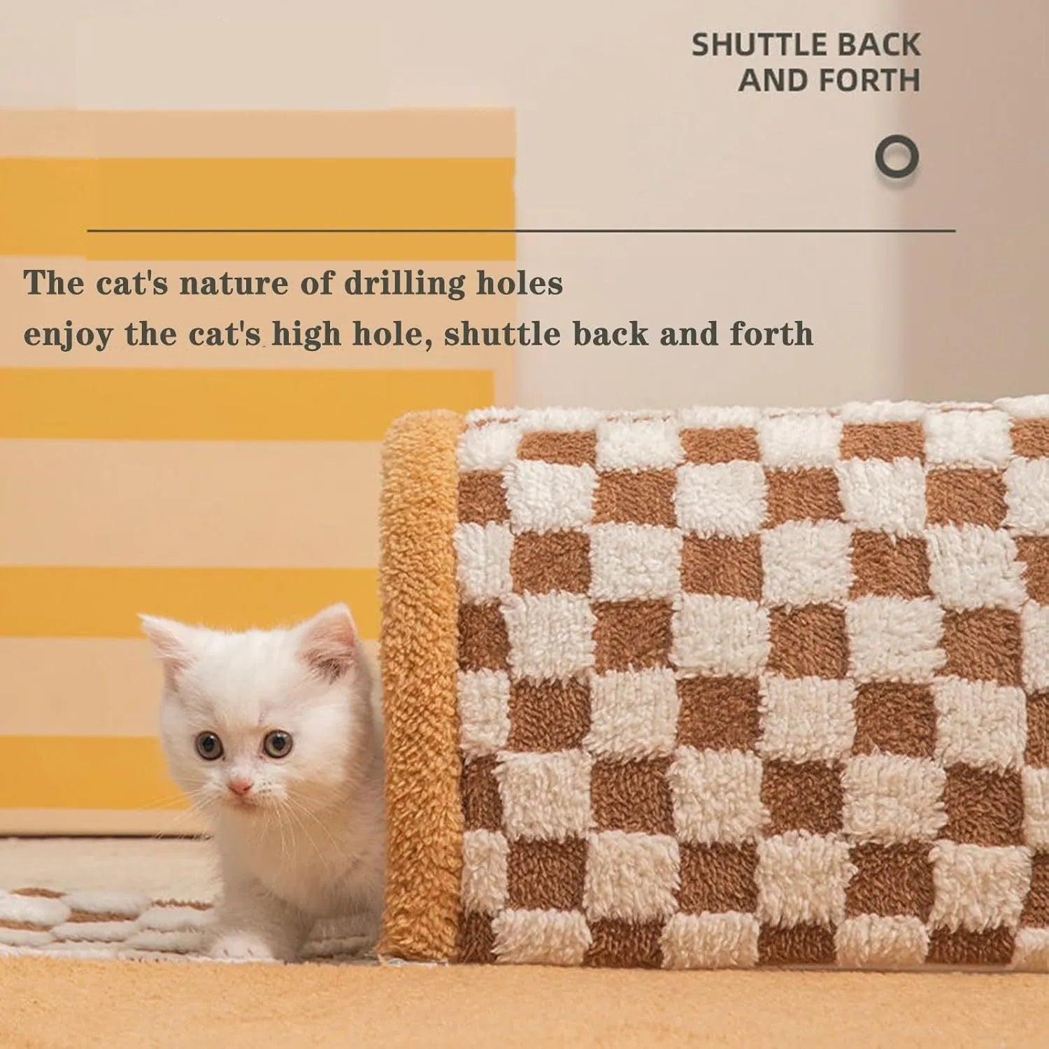Brown plush plaid cat tunnel bed with central mat showing collapsible tube design
