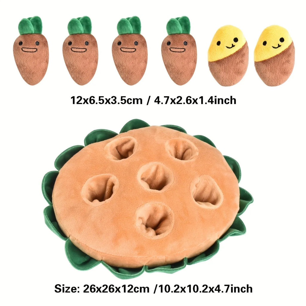 Yellow interactive dog puzzle toy with removable squeaky plush toys on polyester foraging and feeding mat