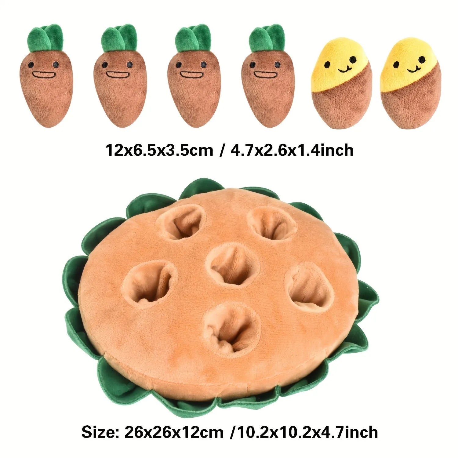 Yellow interactive dog puzzle toy with removable squeaky plush toys on polyester foraging and feeding mat